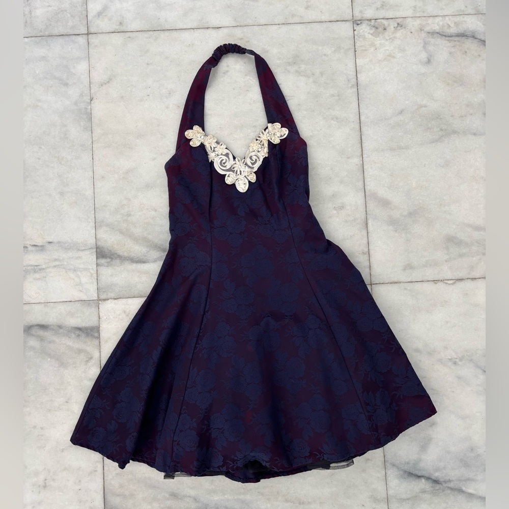 VTG Roberta Dress Purple Floral Lace Embroidered Pin Up Tulle Halter Women 9/10